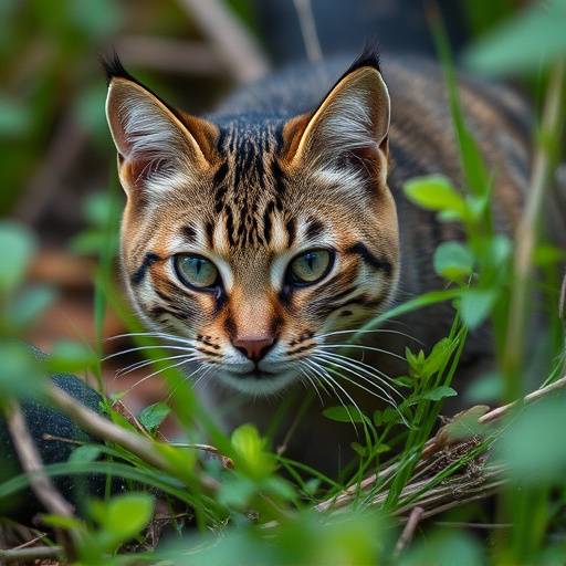 A close-up of a Scottish wildcat in the undergrowth
