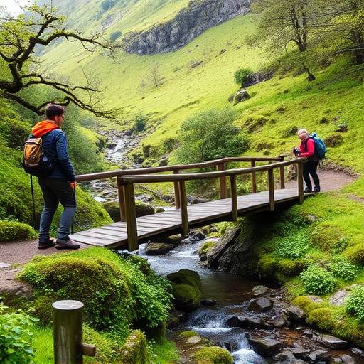A group of hikers crossing a wooden bridge over a stream