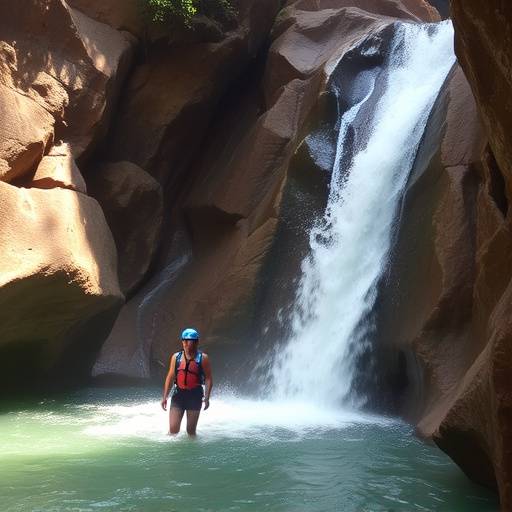A group of people canyoning down a waterfall