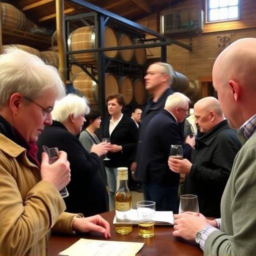 A group of people enjoying a whisky tasting session at a traditional Scottish distillery.