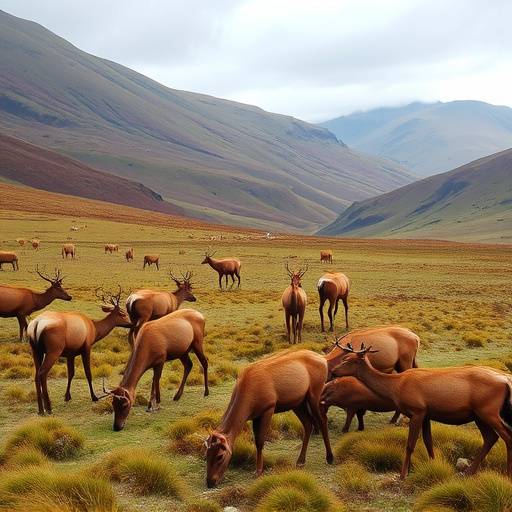 A herd of red deer grazing in a Highland valley