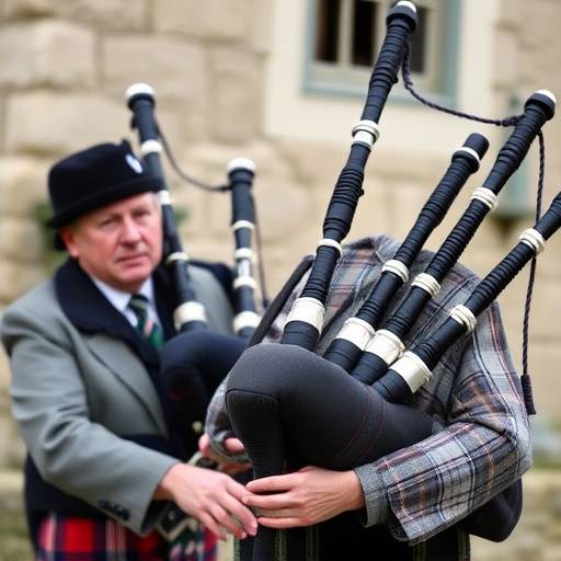 A participant learning to play the bagpipes from a traditional Scottish musician.