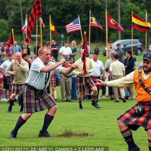 A participant learning to toss a caber at a Highland Games event