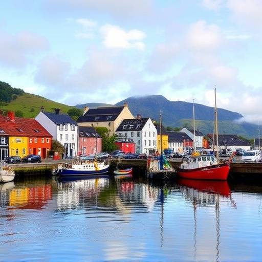 A picturesque view of Portree, the colorful capital of the Isle of Skye, with its harbor and charming buildings.