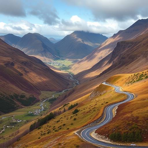 A scenic drive through Glencoe, showcasing the dramatic mountain landscape and a winding road.