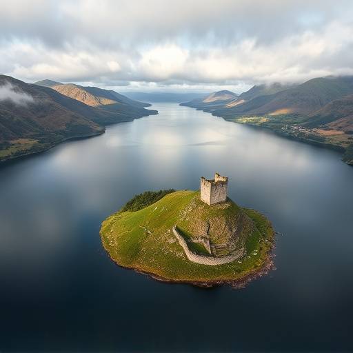 A stunning aerial view of Loch Ness, with Urquhart Castle ruins visible on the shore.