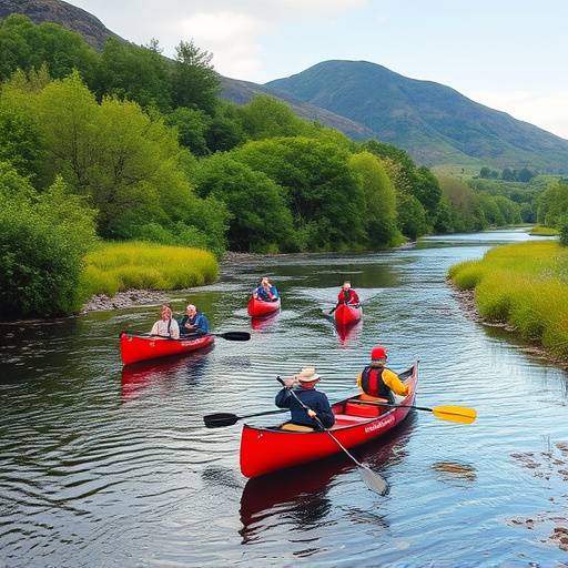 Canoeists paddling down a scenic river with lush green banks