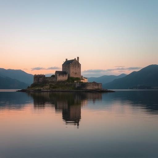 Eilean Donan Castle bathed in the golden light of dawn, reflecting in the calm waters surrounding it.