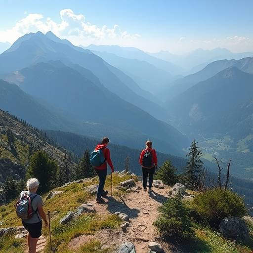 Hikers ascending a rocky mountain trail with stunning views