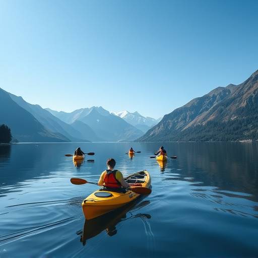 Kayakers paddling on a calm loch with mountains in the background