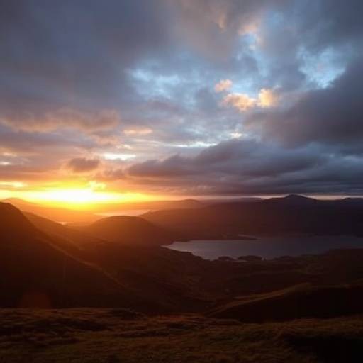 Panoramic view of the Scottish Highlands at sunset, showcasing rolling hills, a tranquil loch, and a dramatic sky.